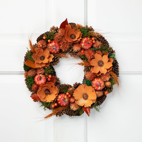 13.25'' Unlit Autumn Harvest Orange Flowers and Gourds Pine Cone Wreath